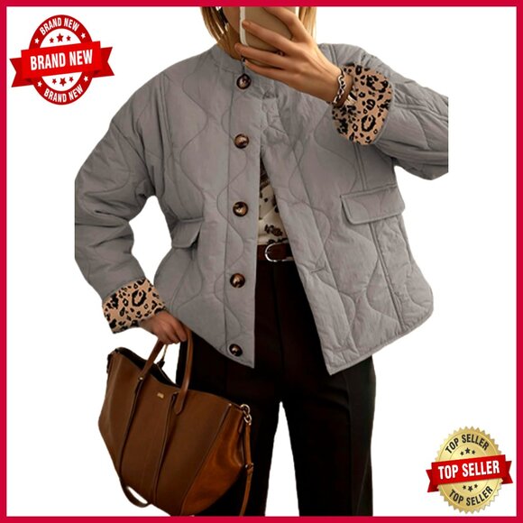 Jackets & Blazers - Quilted Puffer Jacket Button Down Leopard Print Casual Winter Coat Oversized